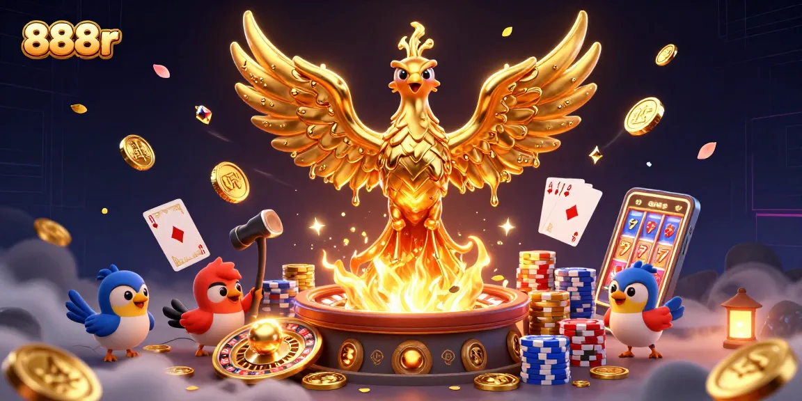 Win big at 888r with molten metal phoenix scattering golden coins and gaming elements.