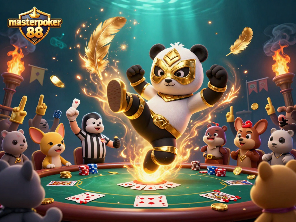Masterpoker 88 menampilkan seekor panda pegulat beraksi di meja poker yang meriah.