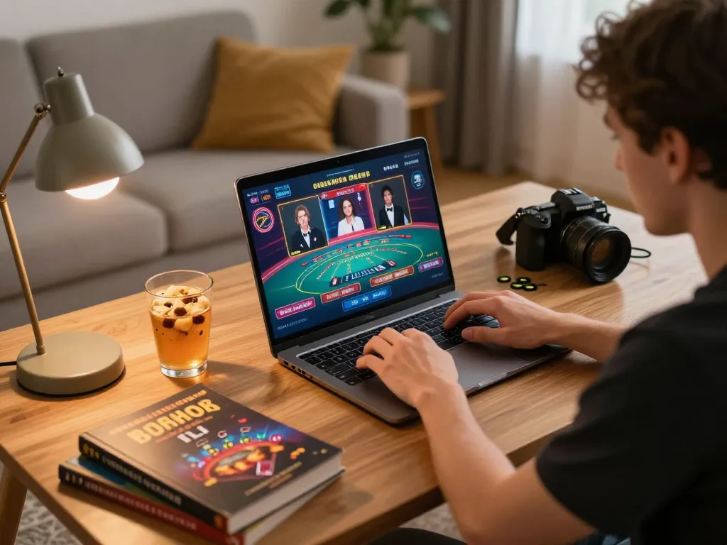 Player enjoying online casino games on 28bet using laptop at home with warm, inviting atmosphere.