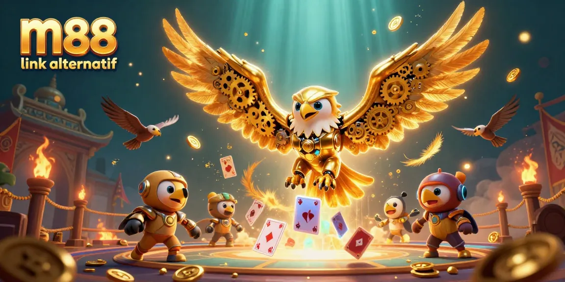 Experience thrilling gameplay with m88 link alternatif featuring stunning visuals of an eagle and holographic cards.