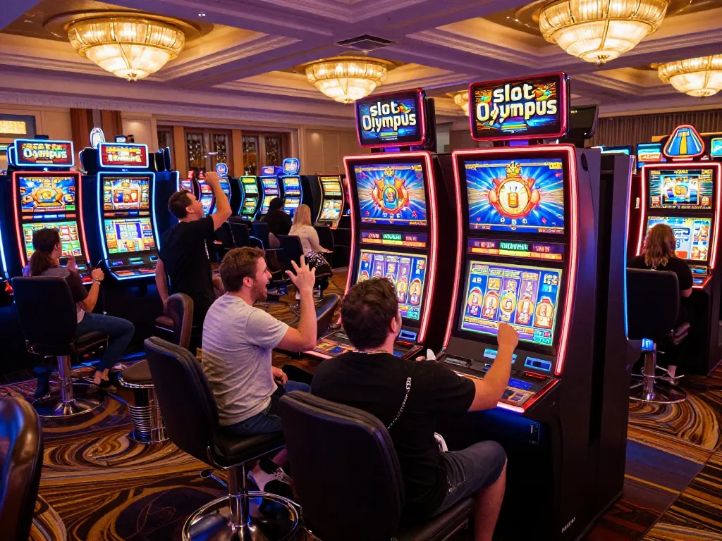 Players celebrating wins on vibrant slot olympus machines, showcasing excitement and engagement