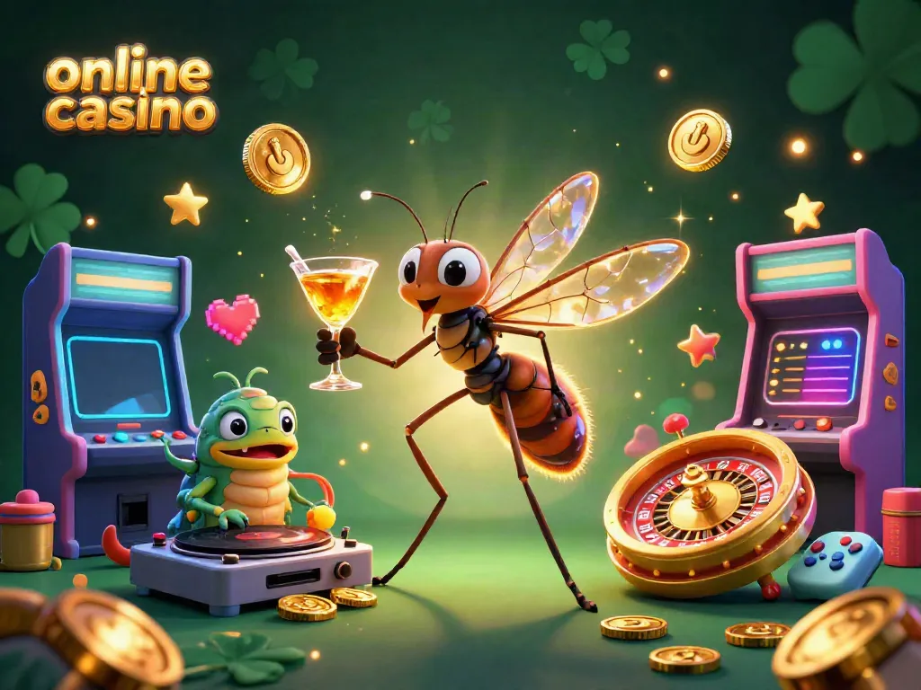 Join a vibrant scene of an online casino where a mosquito mascot and friends celebrate with glowing games and a roulette wheel.