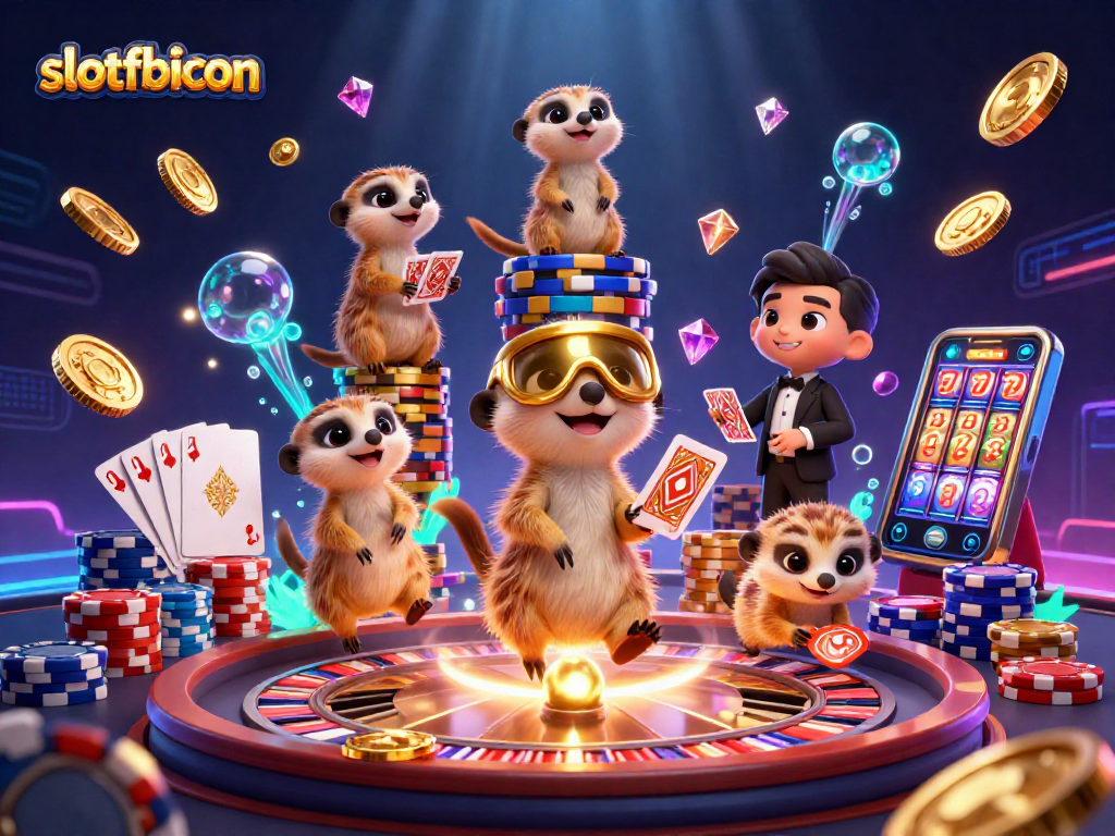 Experience the thrill at slotfbicon with animated meerkats managing a vibrant casino scene.