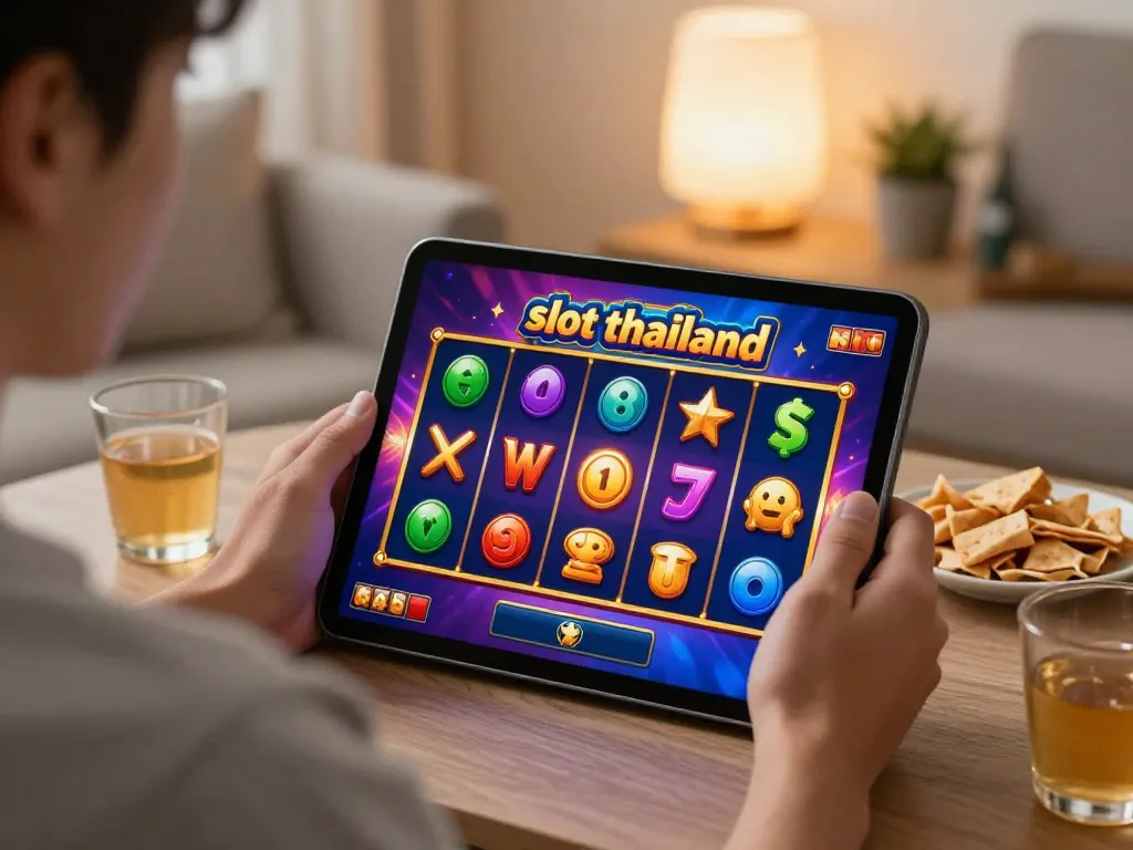 Engaging in slot thailand gameplay on a tablet in a cozy home setting.