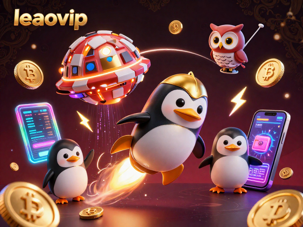Menangkan permainan di leaovip dengan ilustrasi 3D penguin emas yang meluncur di dunia kasino digital.