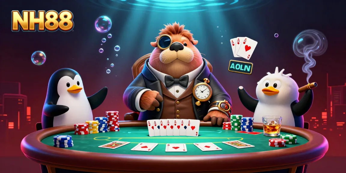 Experience poker excitement at NH88 with whimsical underwater characters in a vibrant gaming scene.