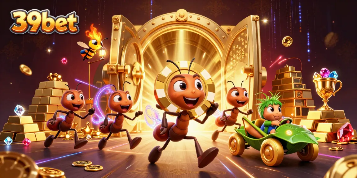 Experience the thrill of winning at 39bet with a vibrant heist scene featuring playful cartoon characters and golden treasures.