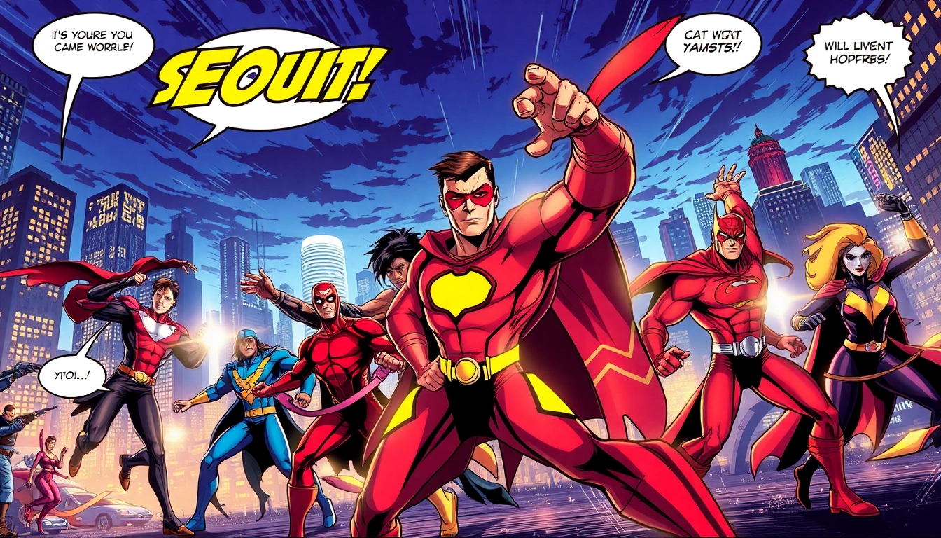 Menggambar aksi seru dari komikcast dengan superhero melawan penjahat di kota yang ramai.