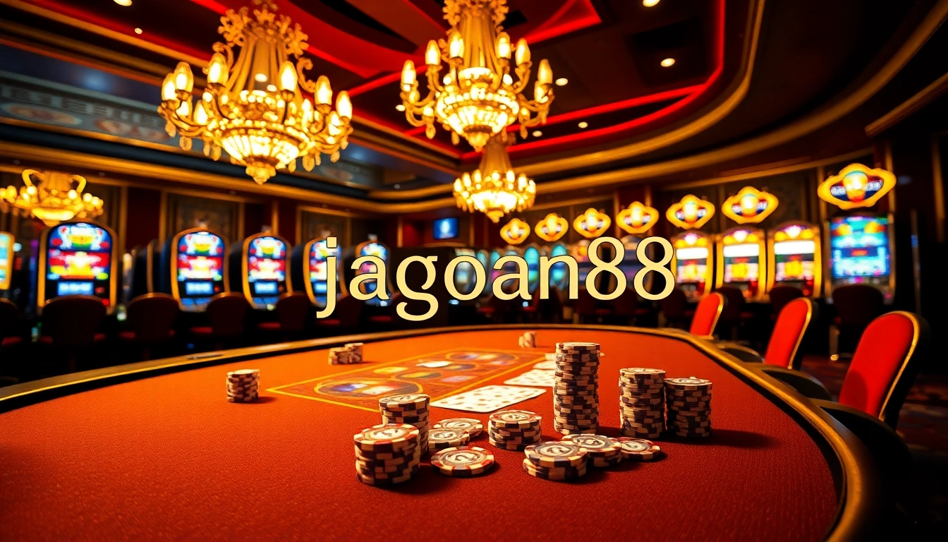 Exciting Jagoan86 slot gaming scene with vibrant casino elements like poker chips and tables.