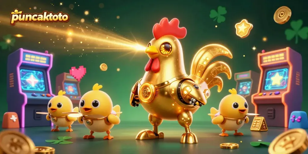 Puncaktoto menghadirkan ilustrasi robot ayam emas futuristik di kasino yang penuh Energi.