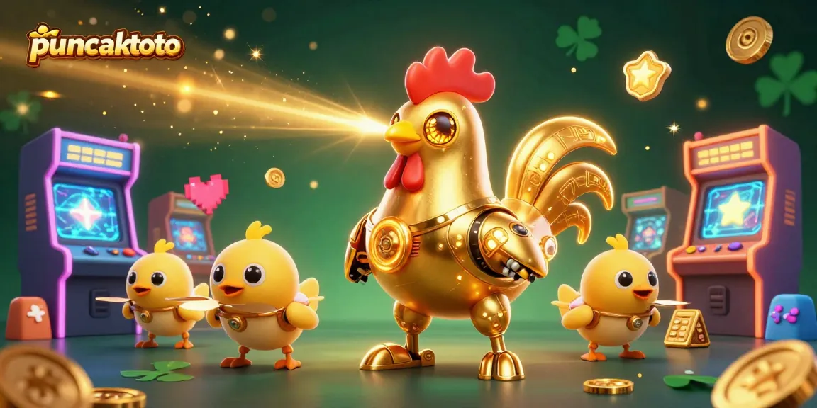 Puncaktoto menghadirkan ilustrasi robot ayam emas futuristik di kasino yang penuh Energi.