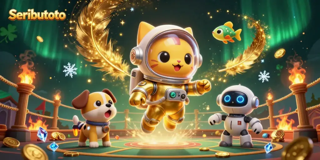 Engage with Seributoto in a vibrant, dynamic casino scene featuring unique characters and captivating game elements.