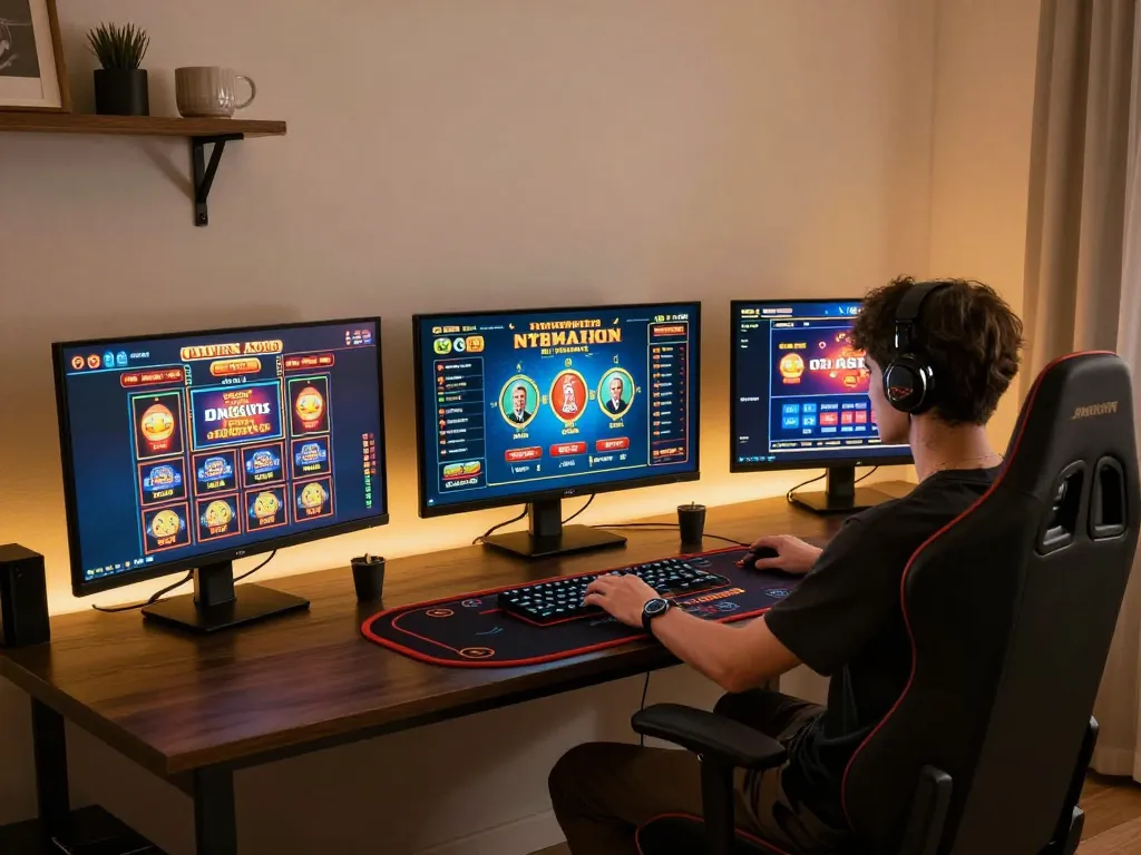 IDNSCORE player engaging with online casino games in a stylish gaming setup, highlighting strategic gameplay.
