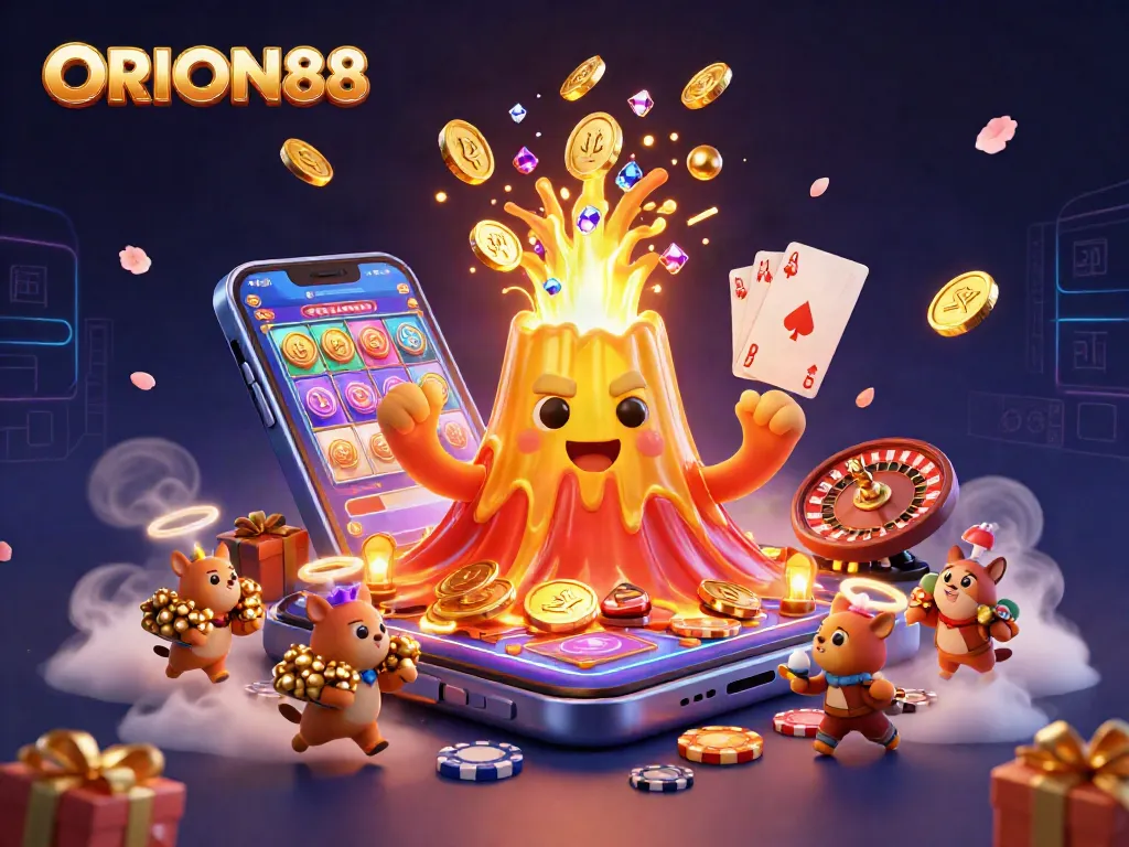 Experience gaming action with ORION88 at the vibrant golden volcano, featuring treasure and thrilling casino elements.