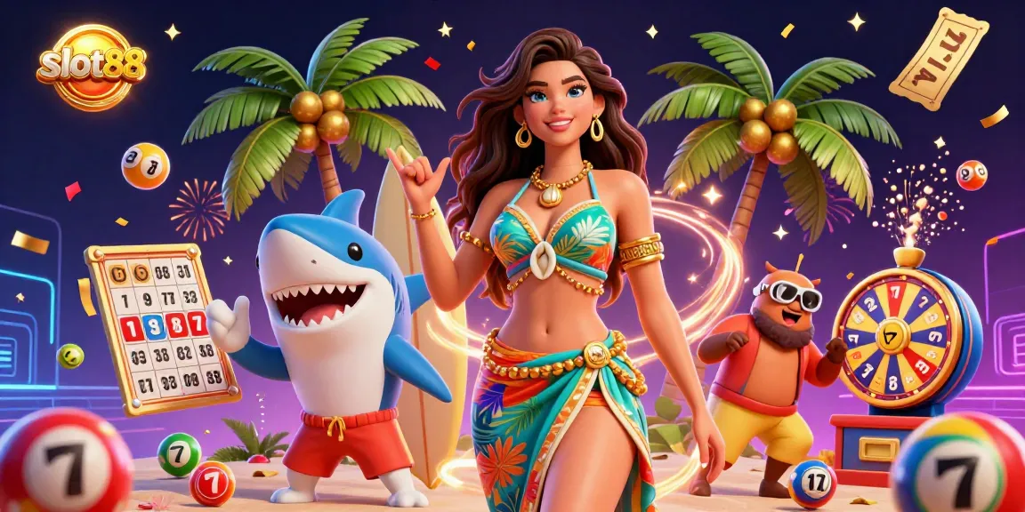 Engage with slot88 through a vibrant scene showcasing a glamorous woman and a surfer shark amidst dynamic gambling elements.