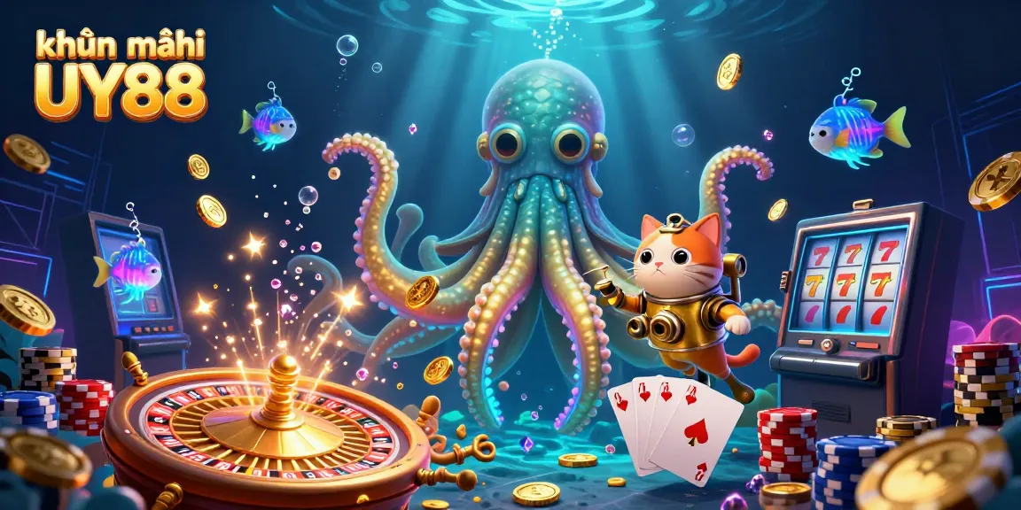 Engage in the action of khuyến mãi UY88 with vibrant casino scenes featuring a kraken, coins, and classic games.