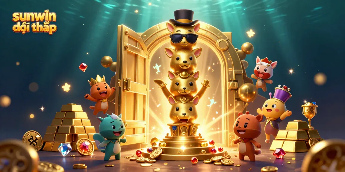 Experience vibrant winning action with sunwin đổi thưởng surrounded by dazzling treasures in this casino illustration.