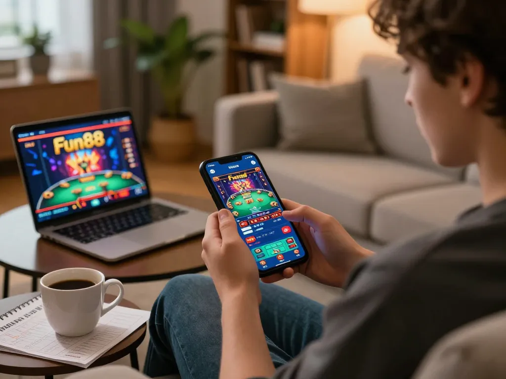 Engaged player using Fun88 mobile app for casino gameplay in a cozy home setting