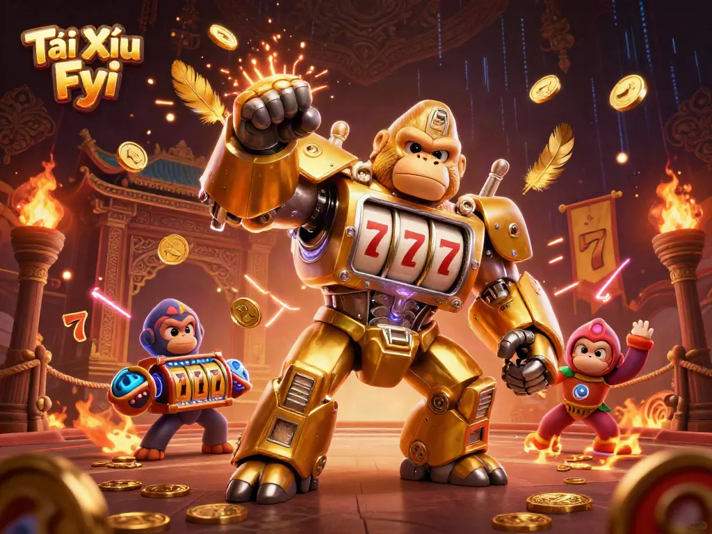 Engage with the exciting Tài Xỉu Fyi gaming experience featuring a dynamic golden gorilla mech and vibrant casino elements.