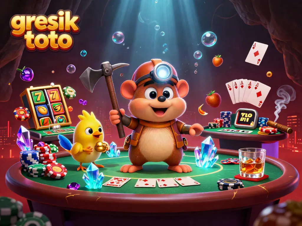 Gresik toto menghadirkan pemandangan kasino dengan karakter penambang dan simbol jackpot yang berkilau.