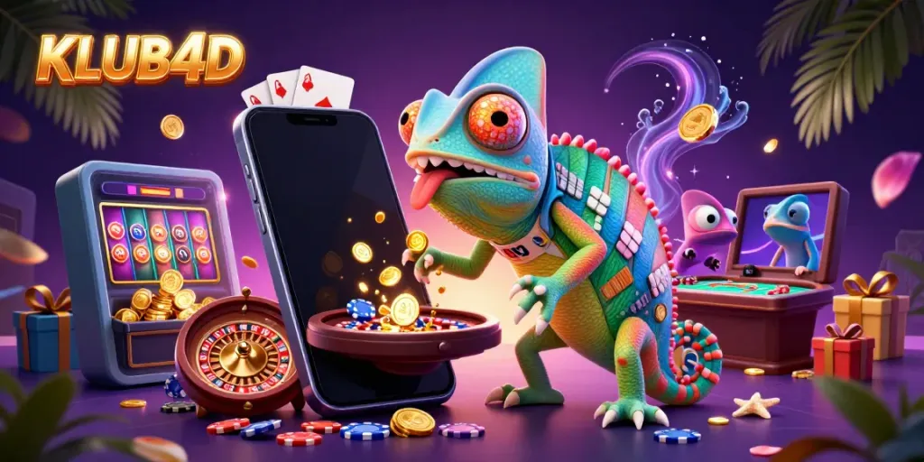 Ilustrasi 3D KLUB4D menampilkan chameleon pemilik kasino dan elemen permainan.