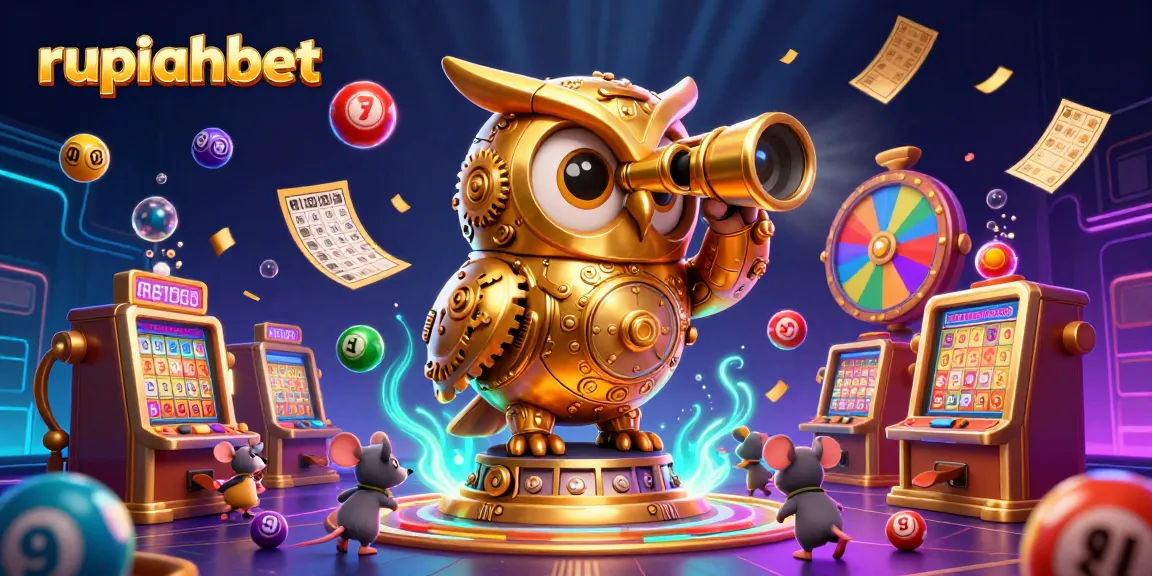 Engage with rupiahbet's lively casino floor, featuring a clockwork owl and colorful game elements.