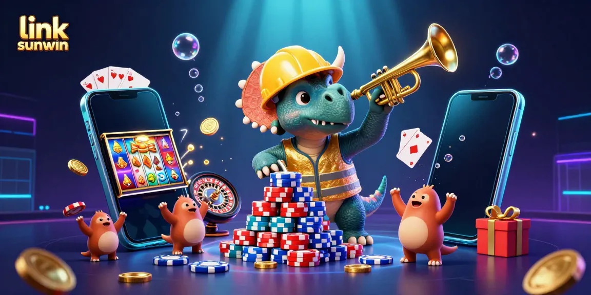 Link sunwin features a 3D triceratops building poker chip pyramid with vibrant casino elements around.