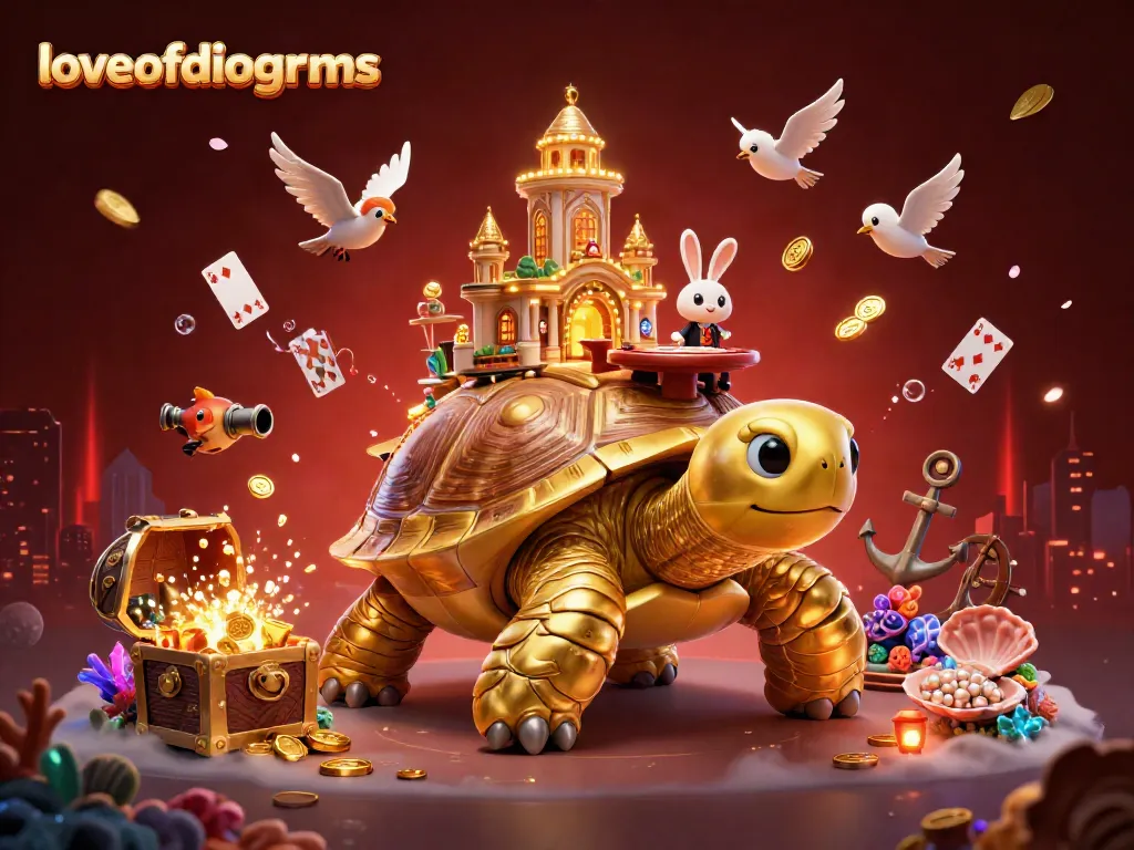 Memenangkan permainan di loveofdiagrams dengan karakter kartu dan tortoise emas mengelilingi kasino.