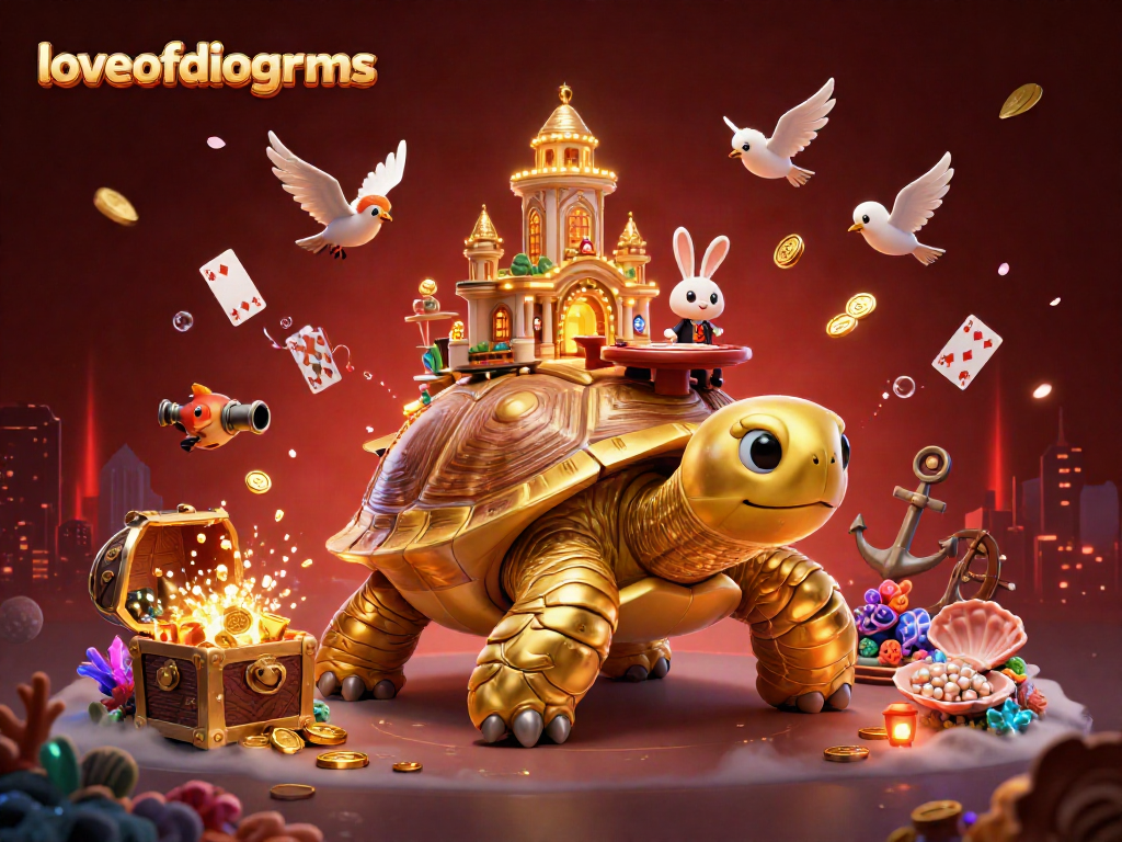 Memenangkan permainan di loveofdiagrams dengan karakter kartu dan tortoise emas mengelilingi kasino.