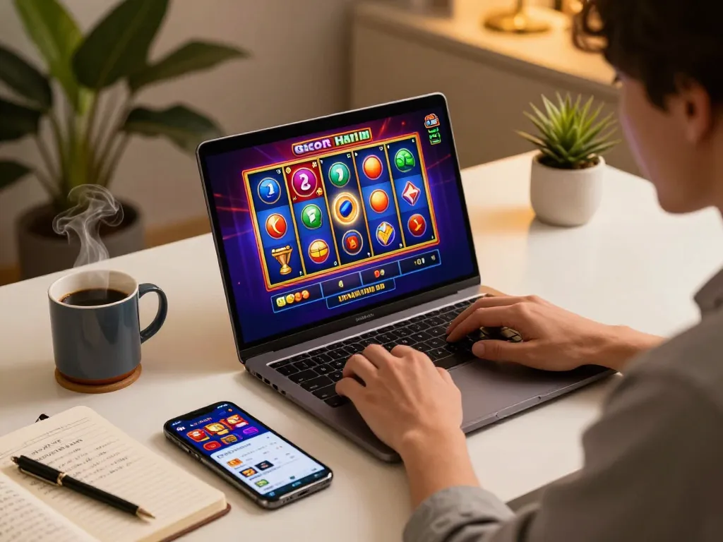 Terlibat dalam permainan slot gacor hari ini di laptop, menampilkan gulungan berwarna-warni dan taruhan strategis.