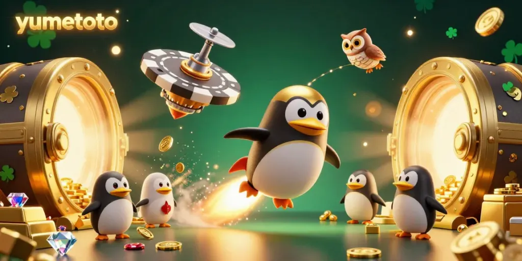 Experience the thrilling adventure of yumetoto with a golden penguin racing towards a casino-shaped poker chip.