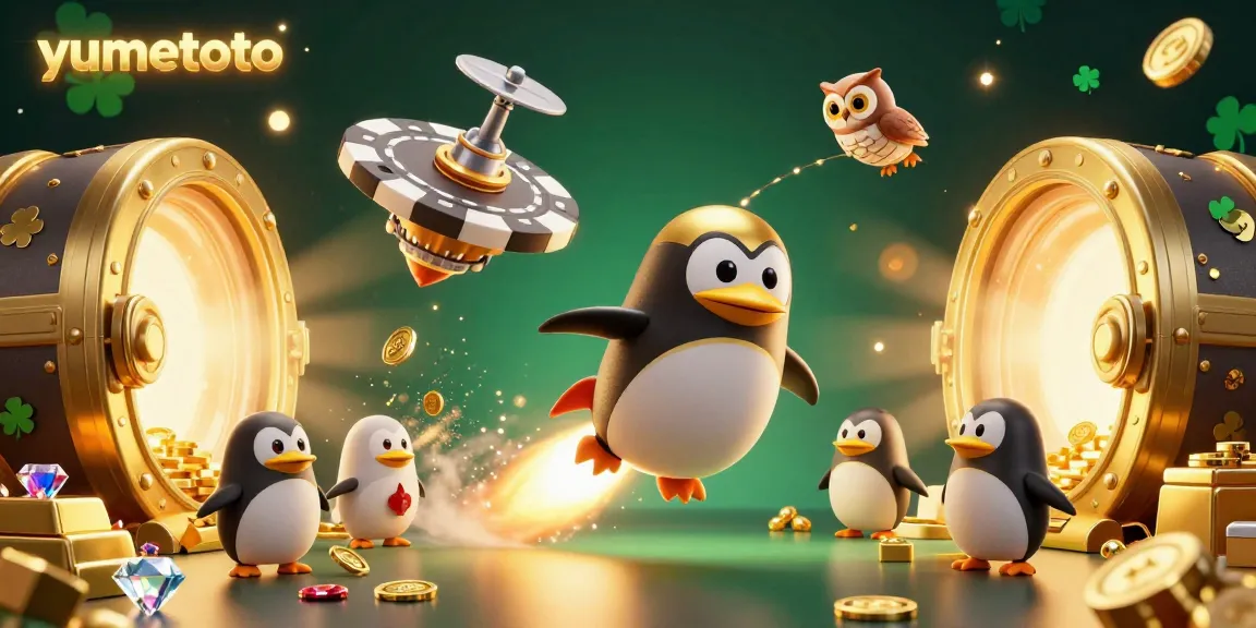 Experience the thrilling adventure of yumetoto with a golden penguin racing towards a casino-shaped poker chip.