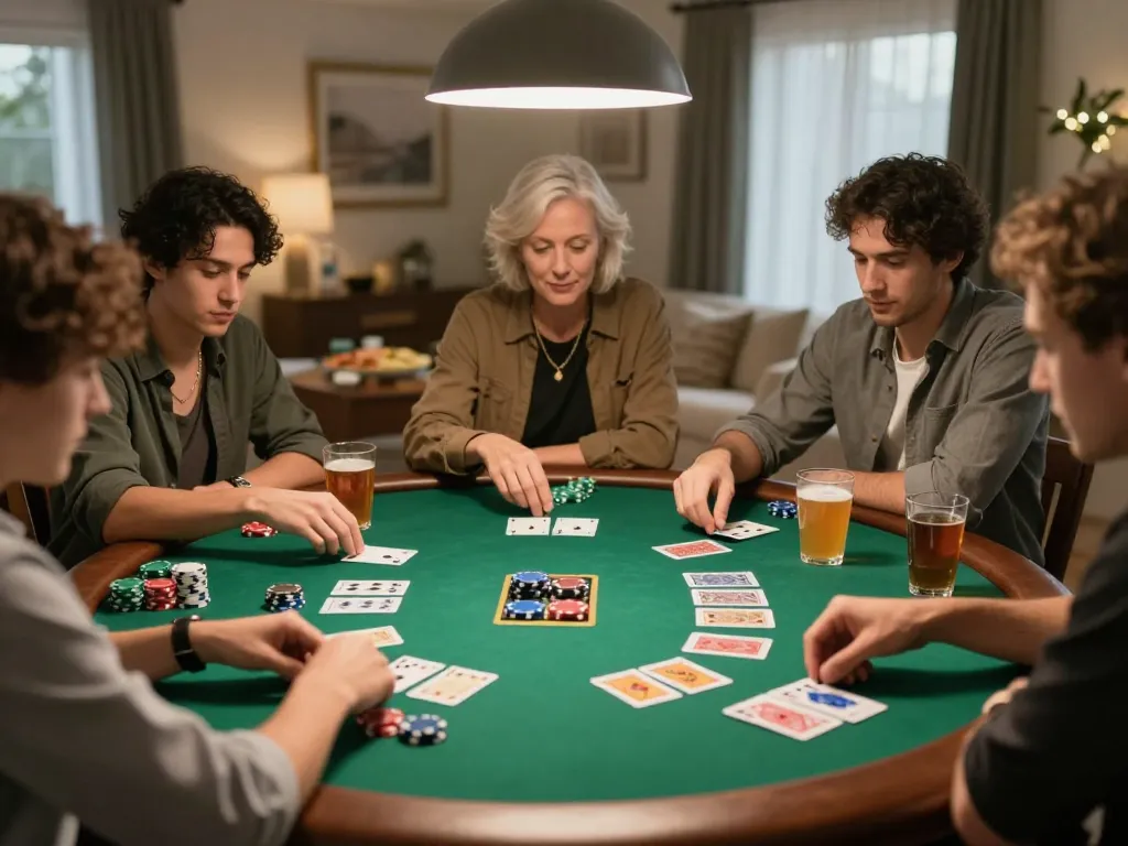 Players engaging in an exciting poker night at home, with visible poker chips and cards, focusing on responsible gaming while tracking data hk.