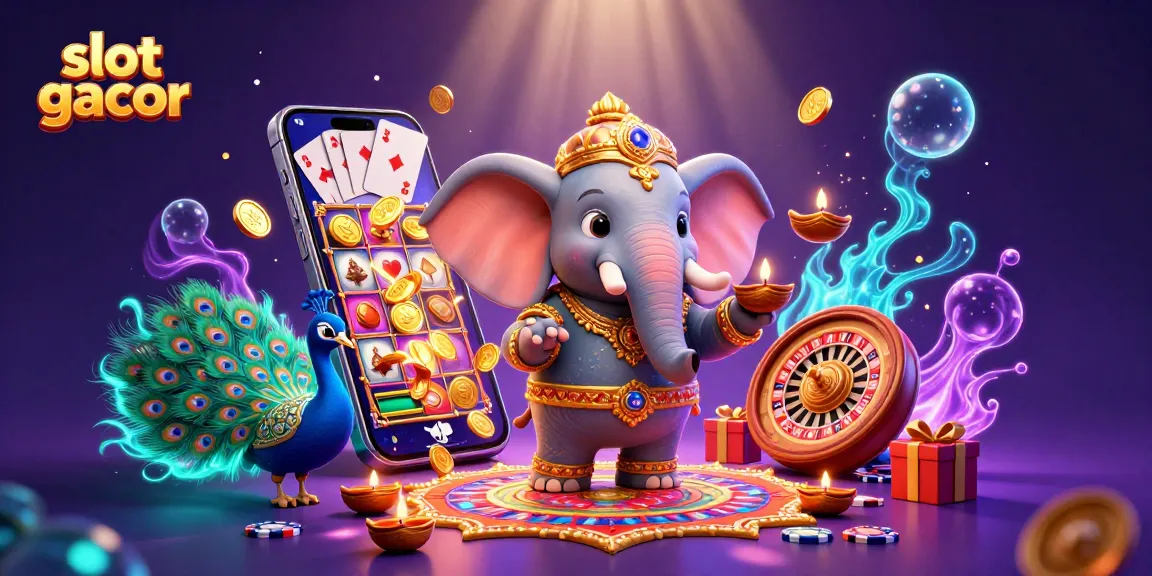 Menggandeng slot gacor, simbol permainan kasino, dan karakter gajah berornamen dalam adegan penuh warna.