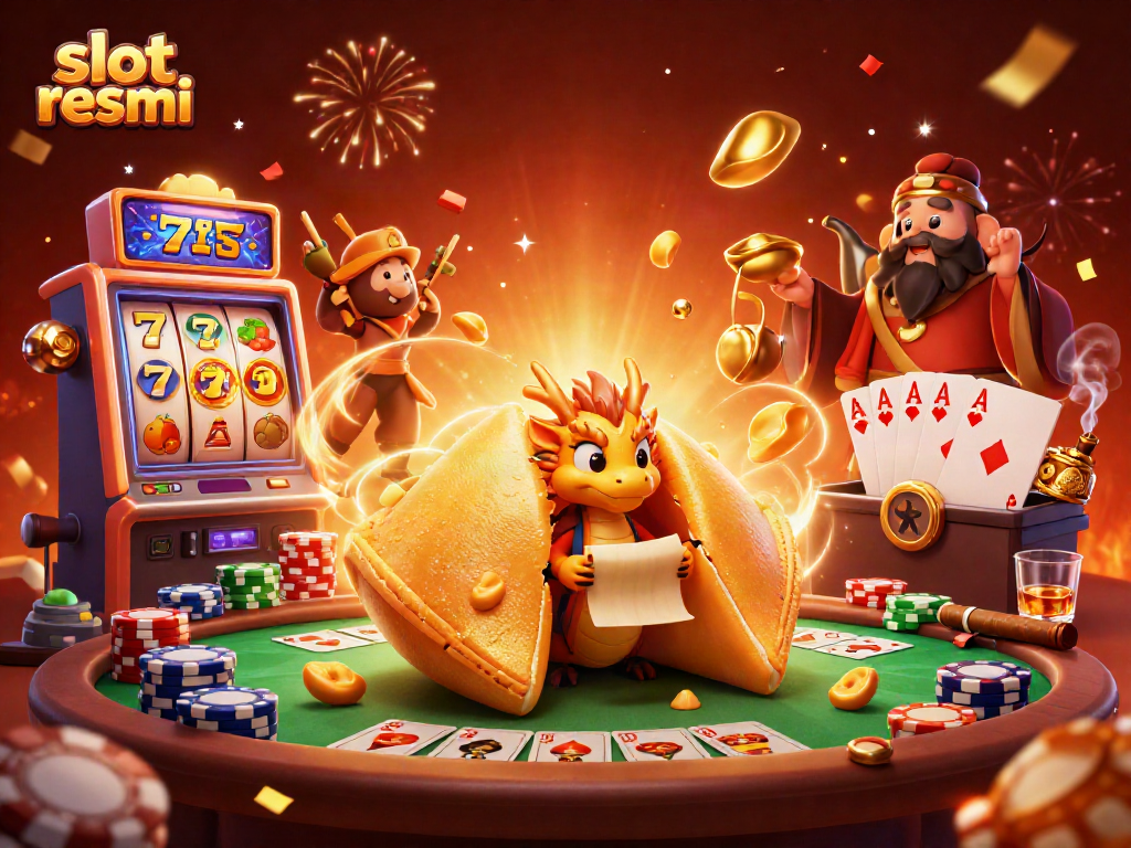 Permainan slot resmi di kasino, menampilkan kue keberuntungan dan naga bijak yang membaca gulungan