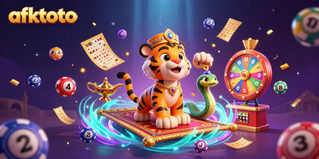 Menangkan lottery terbaik dengan afktoto, sultan harimau di karpet terbang dikelilingi bola berwarna-warni.