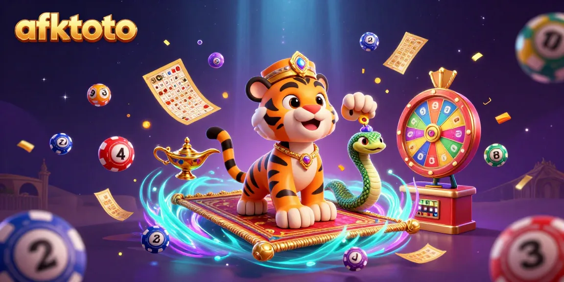 Menangkan lottery terbaik dengan afktoto, sultan harimau di karpet terbang dikelilingi bola berwarna-warni.