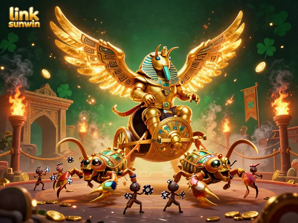 Join the excitement of link sunwin with a dynamic gambling-themed illustration featuring a golden scarab chariot surrounded by vibrant casino elements.
