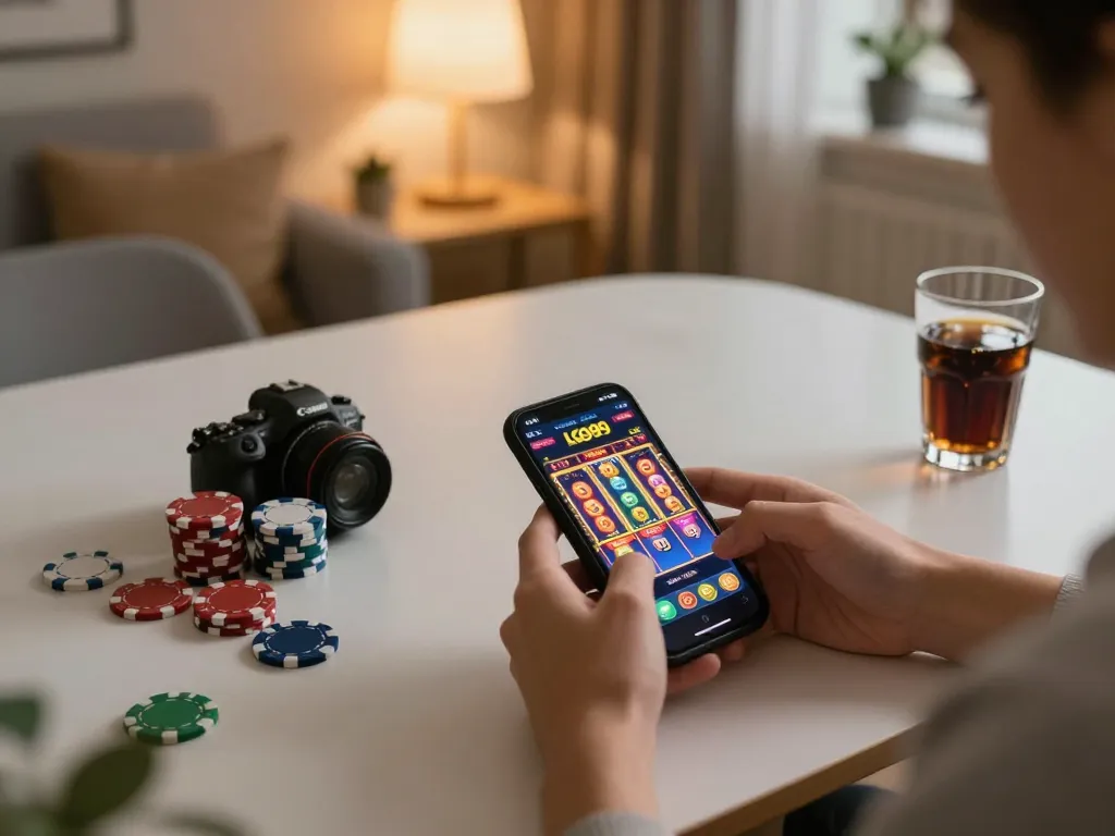 LGO99 player enjoying mobile gambling while using a smartphone at home with vibrant game visibility.