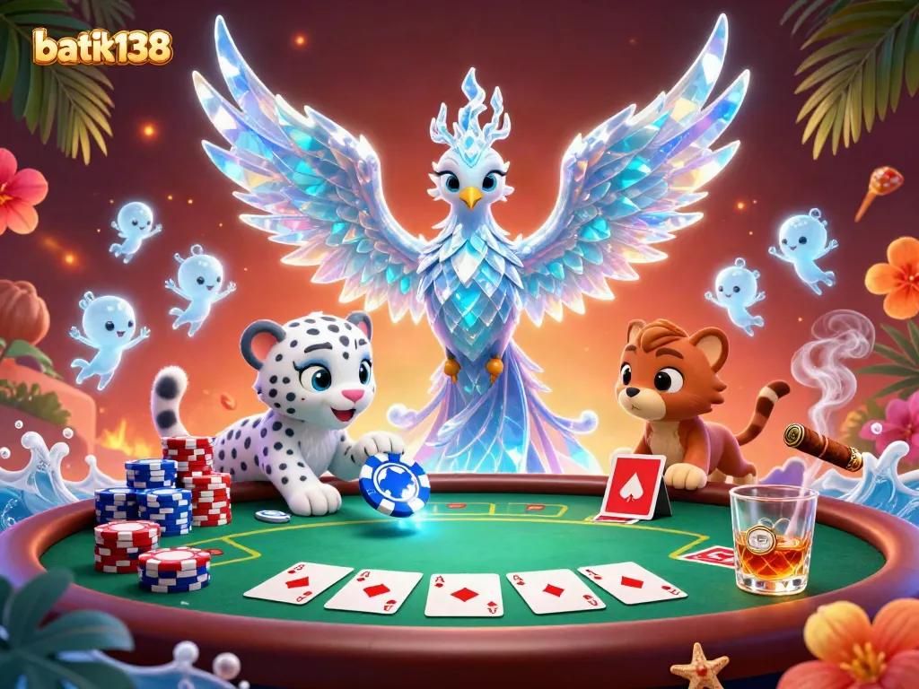 Permainan judi batik138 menampilkan phoenix es 3D, harimau salju, dan sprite es dalam suasana pesta kartu.