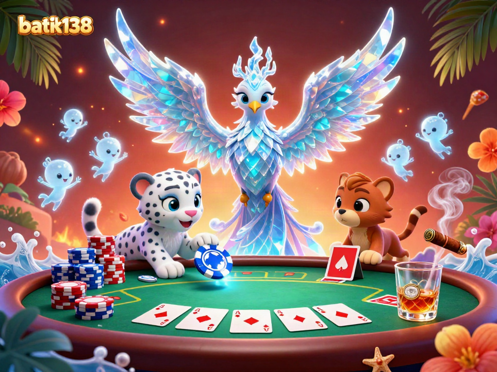 Permainan judi batik138 menampilkan phoenix es 3D, harimau salju, dan sprite es dalam suasana pesta kartu.