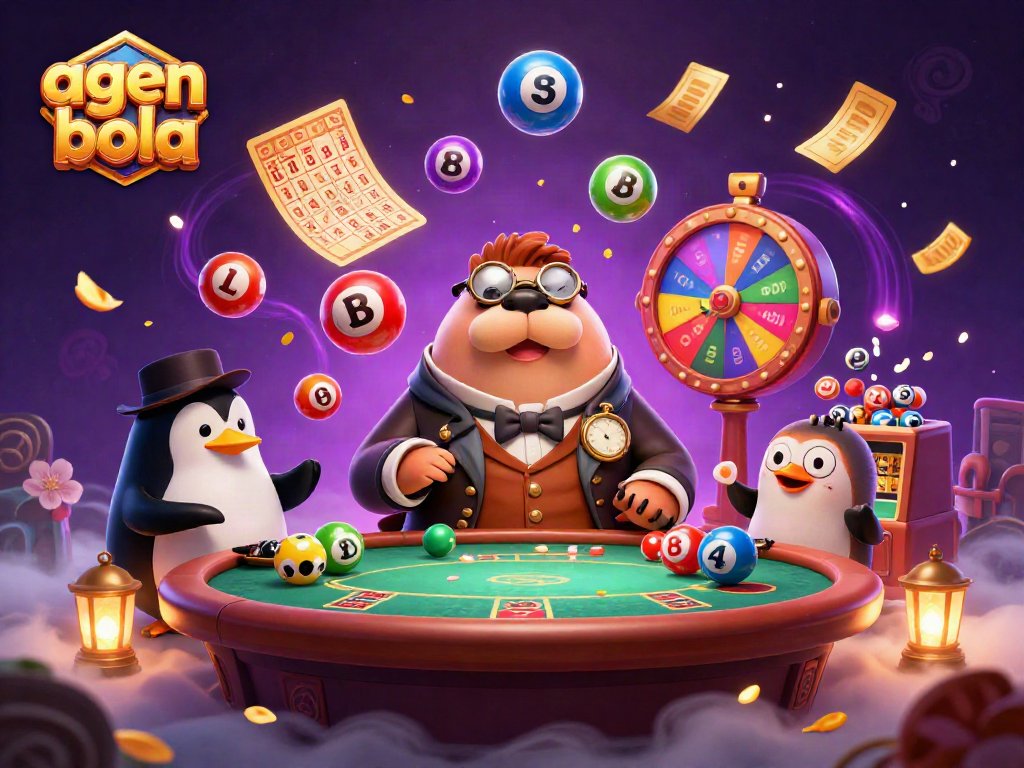 Gambarkan agen bola yang seru dengan walrus jolly di papan poker, dikelilingi unsur kasino lainnya.