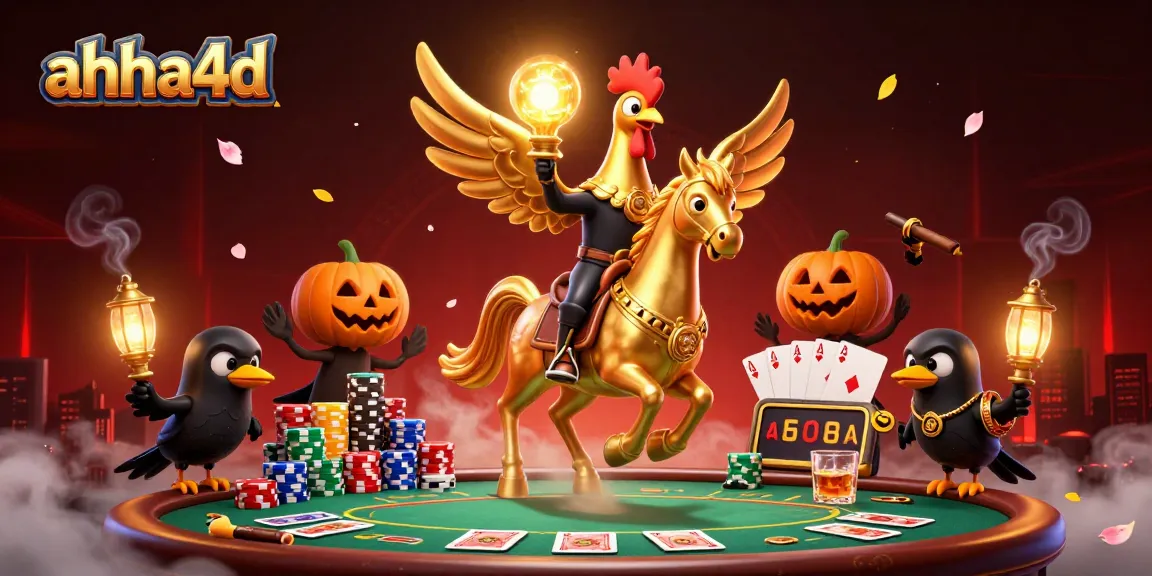 Engage with ahha4d's golden rooster riding a spectral horse in a vibrant casino scene.