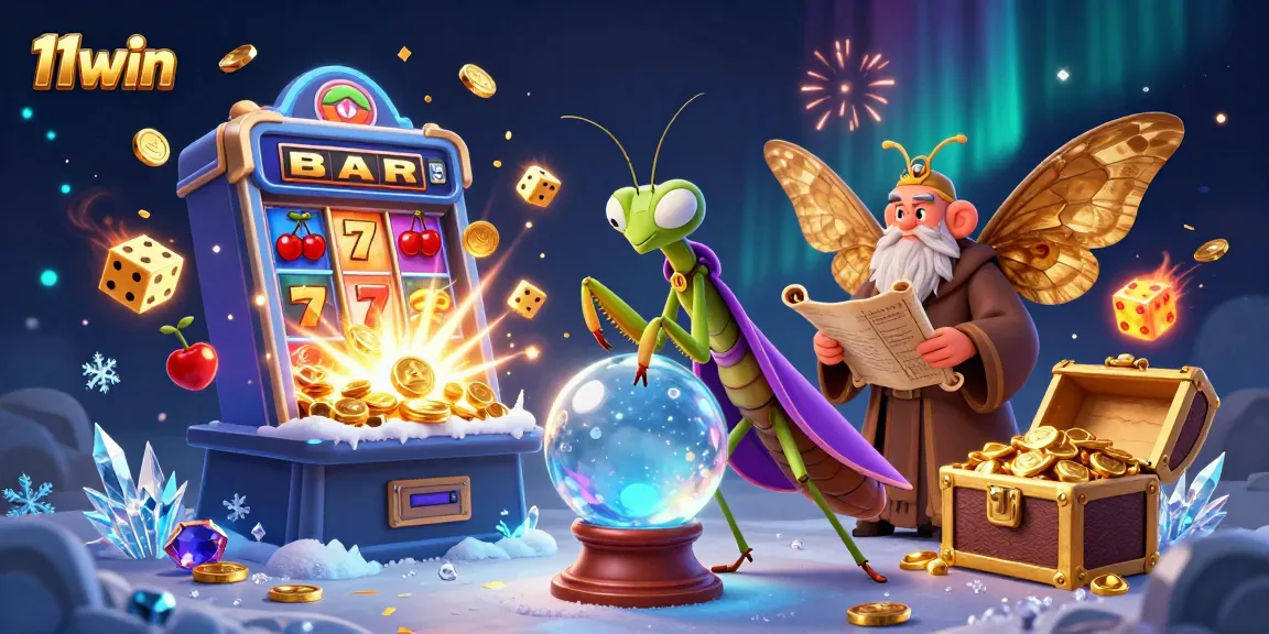 Experience the magic of 11win with a vibrant casino scene showcasing animated fortune tellers and slot machines.