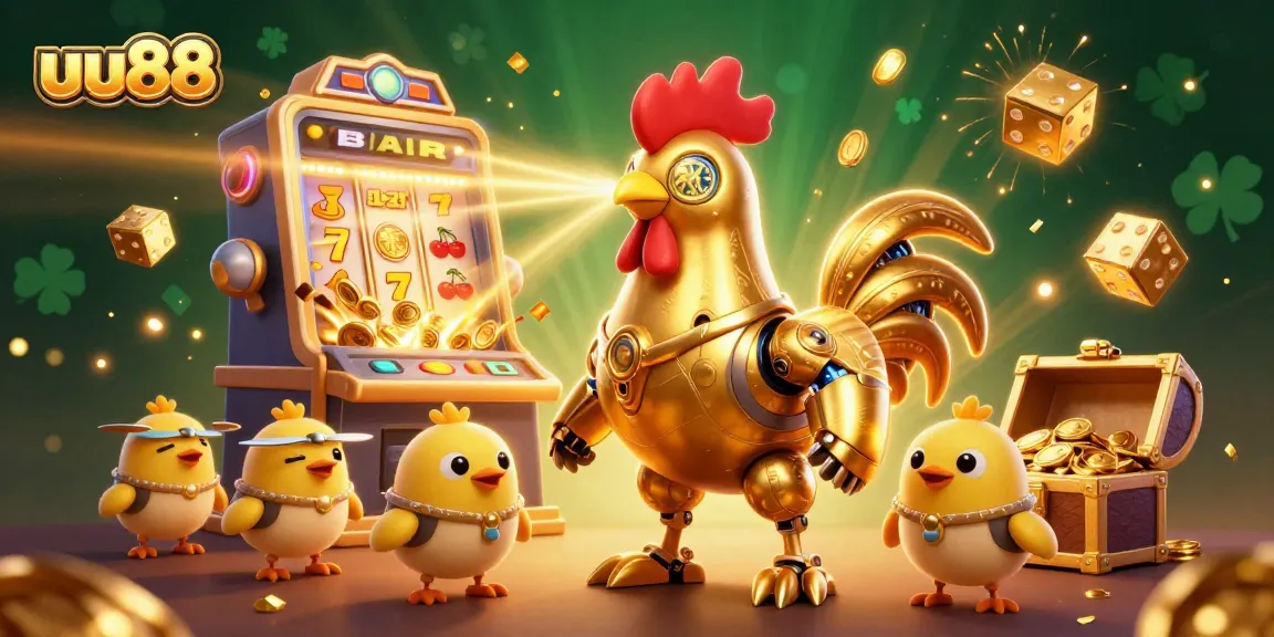 Engage in thrilling slot gameplay with uu88's dynamic 3D animated casino scene featuring golden rooster robot and jackpot symbols.