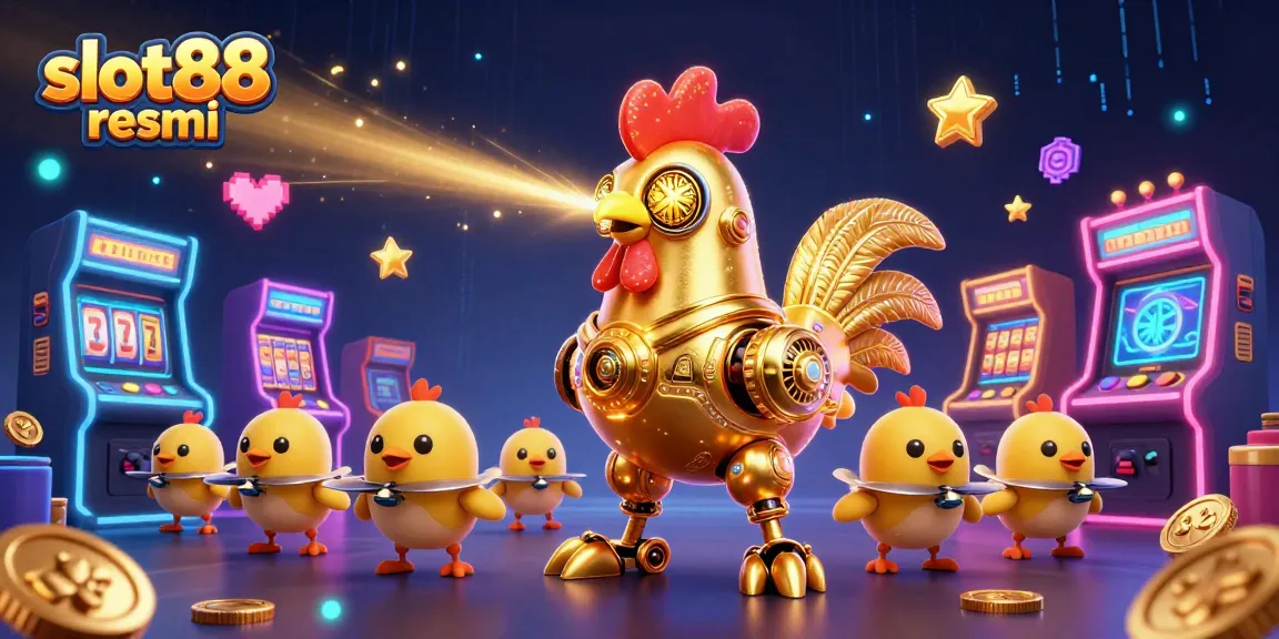 Permainan slot88 resmi dengan karakter robot ayam emas futuristik dan mesin arcade 3D berwarna