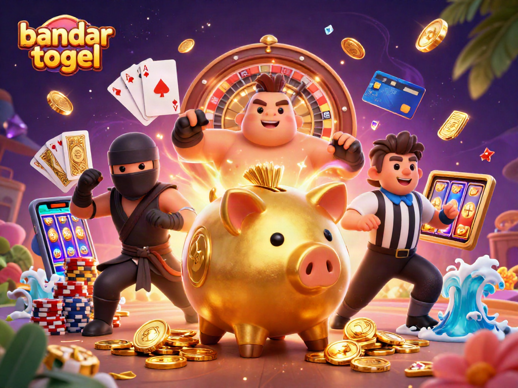 Aktivitas bandar togel dengan karakter unik di kasino 3D yang penuh koin emas.