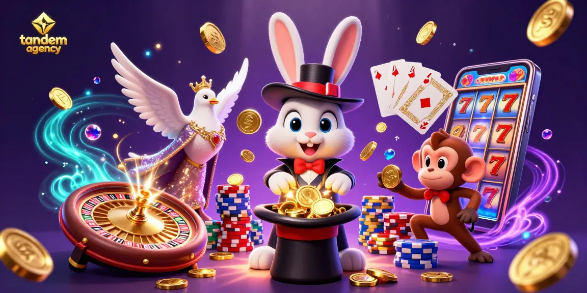 Tandemagency presents a magical casino scene with a rabbit, dove, and monkey amidst dazzling slot visuals.