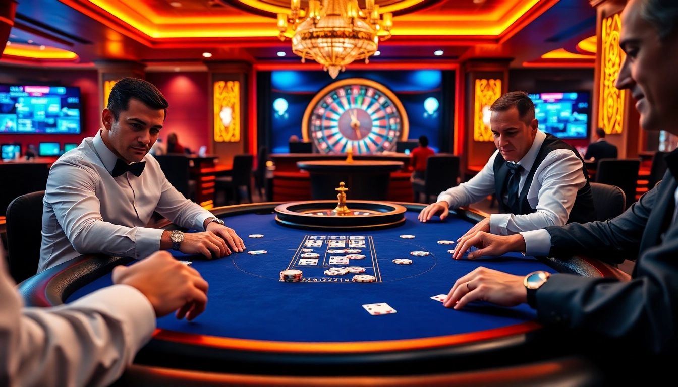 Players strategizing at NA777's luxurious poker table with live dealers.