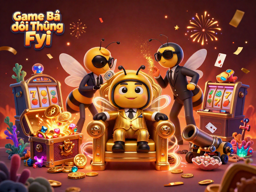 Experience the excitement of Game Bài Đổi Thưởng Fyi with vibrant casino elements in a dynamic 3D scene.